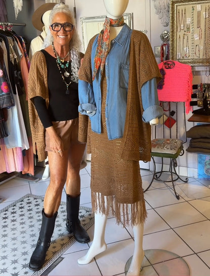 Tan Open Front Crochet Short Sleeve Sweater Vest