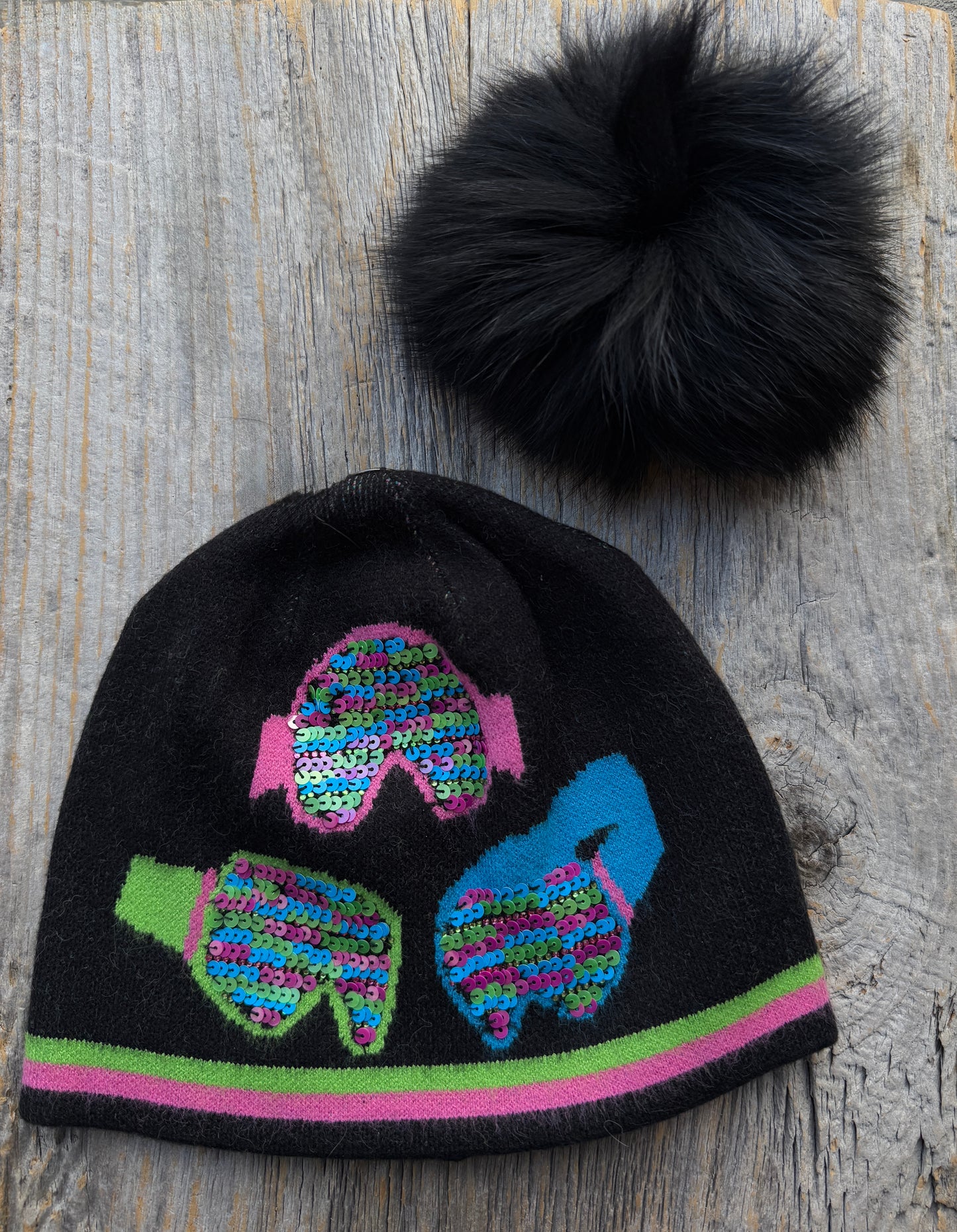 Black Knit Toque with  multi colour sequins and Removable Pom Pom -GOGGLES