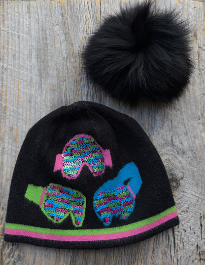 Black Knit Toque with  multi colour sequins and Removable Pom Pom -GOGGLES