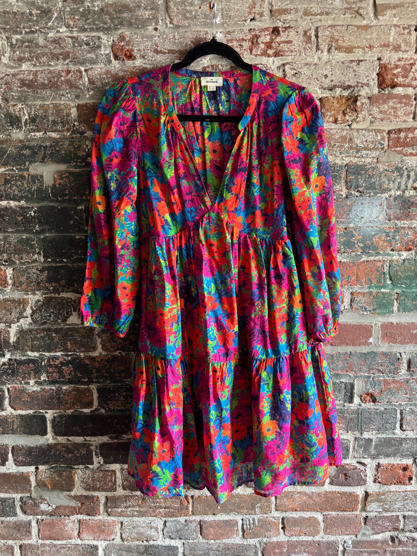 Lightweight Multicolour Tiered Empire Floral Dress - PINK, ORANGE, GREEN