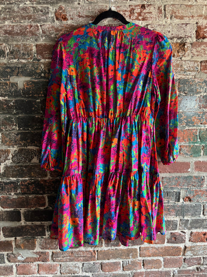 Lightweight Multicolour Tiered Empire Floral Dress - PINK, ORANGE, GREEN