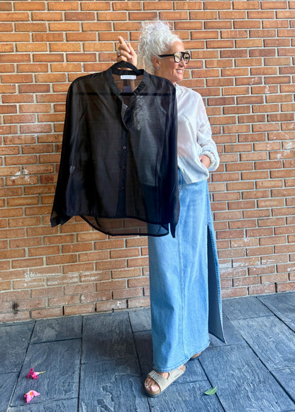 Lightweight Semi-Sheer Button Front Shirt - BLACK