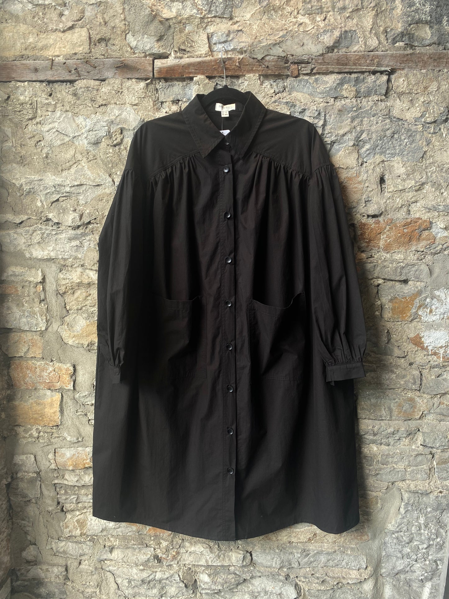 Oversized Black Cotton Shirt Dress with Pockets