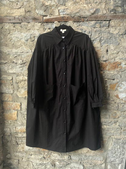 Oversized Black Cotton Shirt Dress with Pockets
