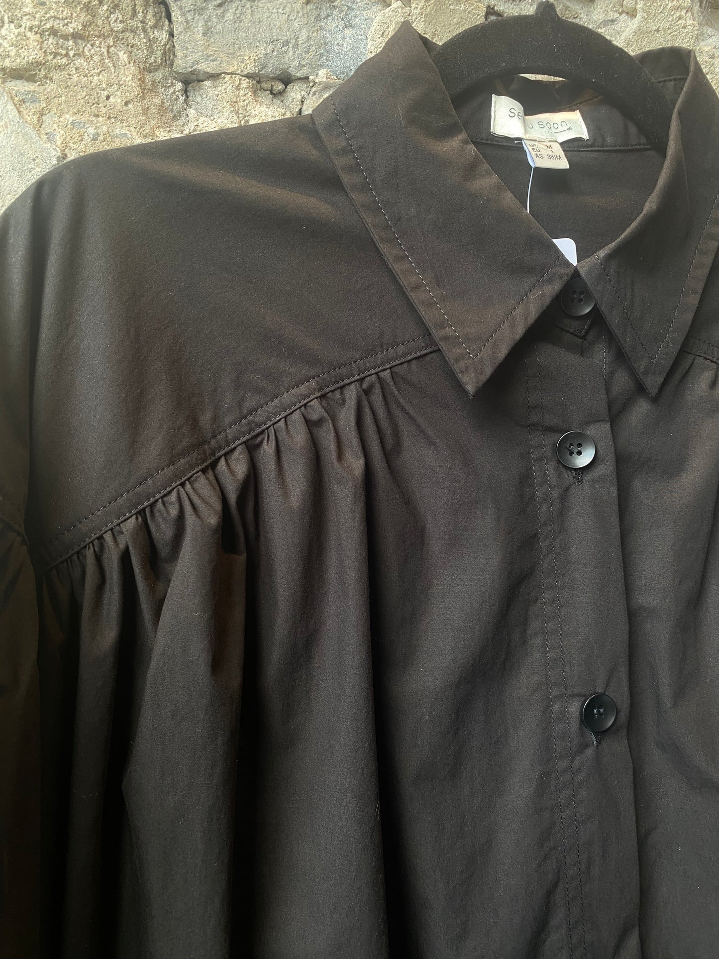 Oversized Black Cotton Shirt Dress with Pockets