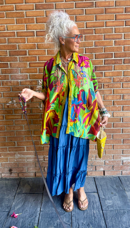 Oversized Colourful Cotton Shirt with Beading- YELLOW, PINK, PURPLE, GREEN