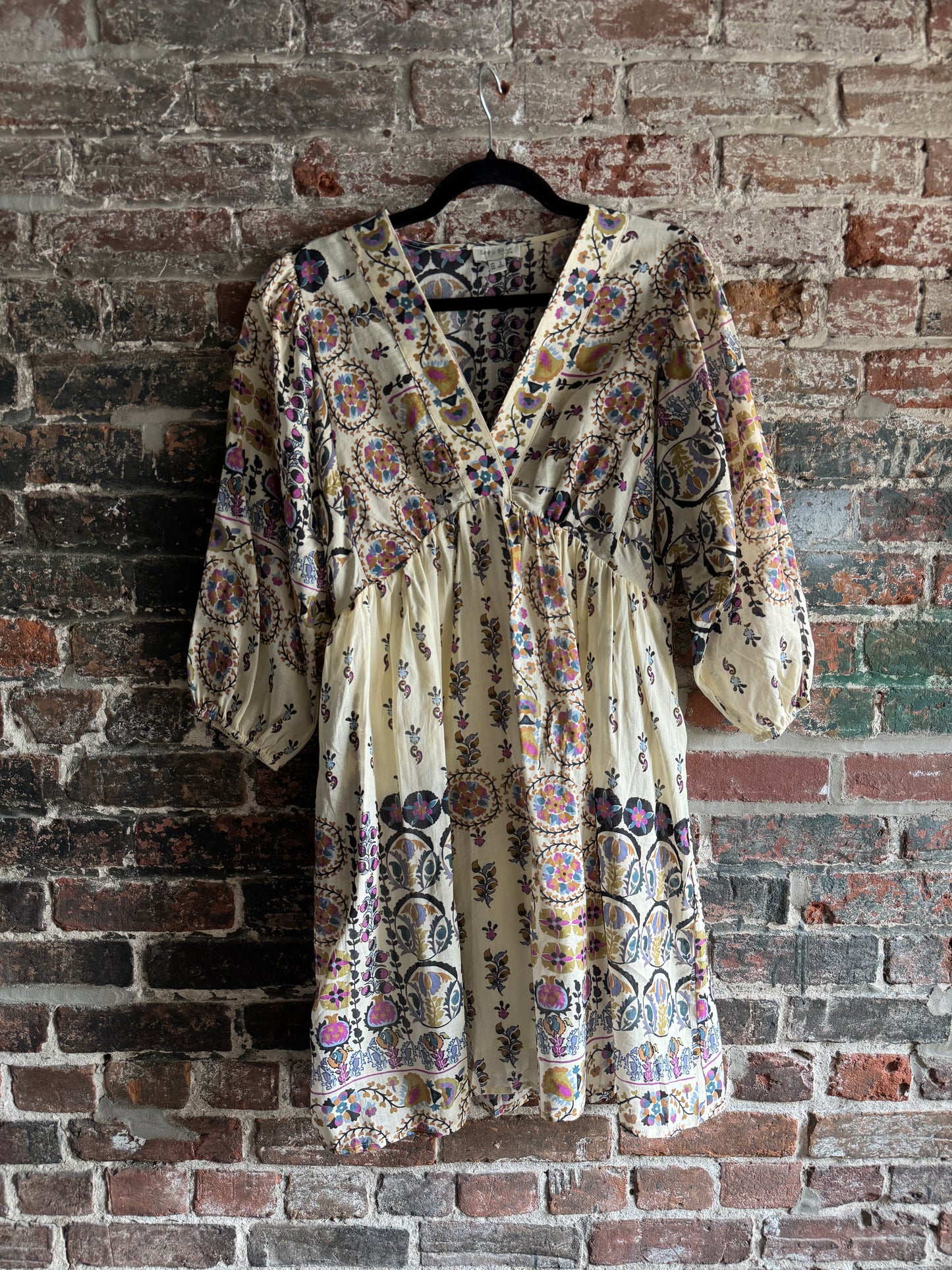 100% Linen Empire Waist Bohemian Patterned Dress with Pockets