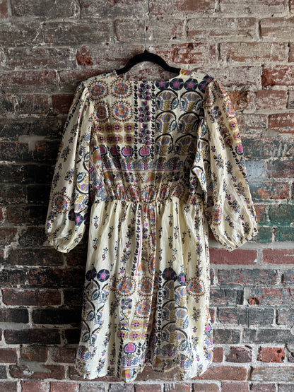 100% Linen Empire Waist Bohemian Patterned Dress with Pockets