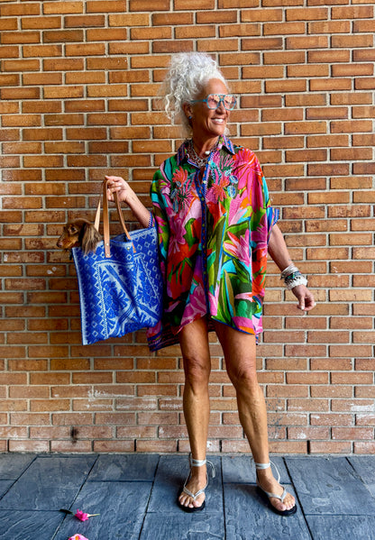 Oversized Colourful Shirt with embellishment - PINK BLUE GREEN CORAL