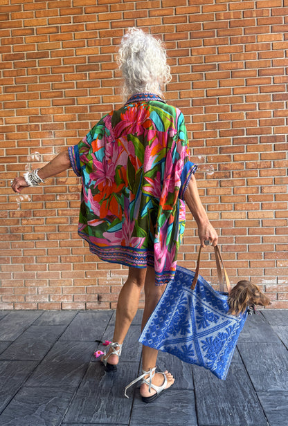 Oversized Colourful Shirt with embellishment - PINK BLUE GREEN CORAL
