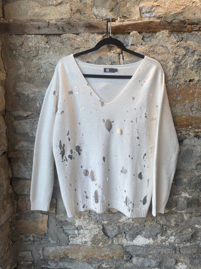 Relaxed Fit Off White Sweater with Silver Metallic Detail