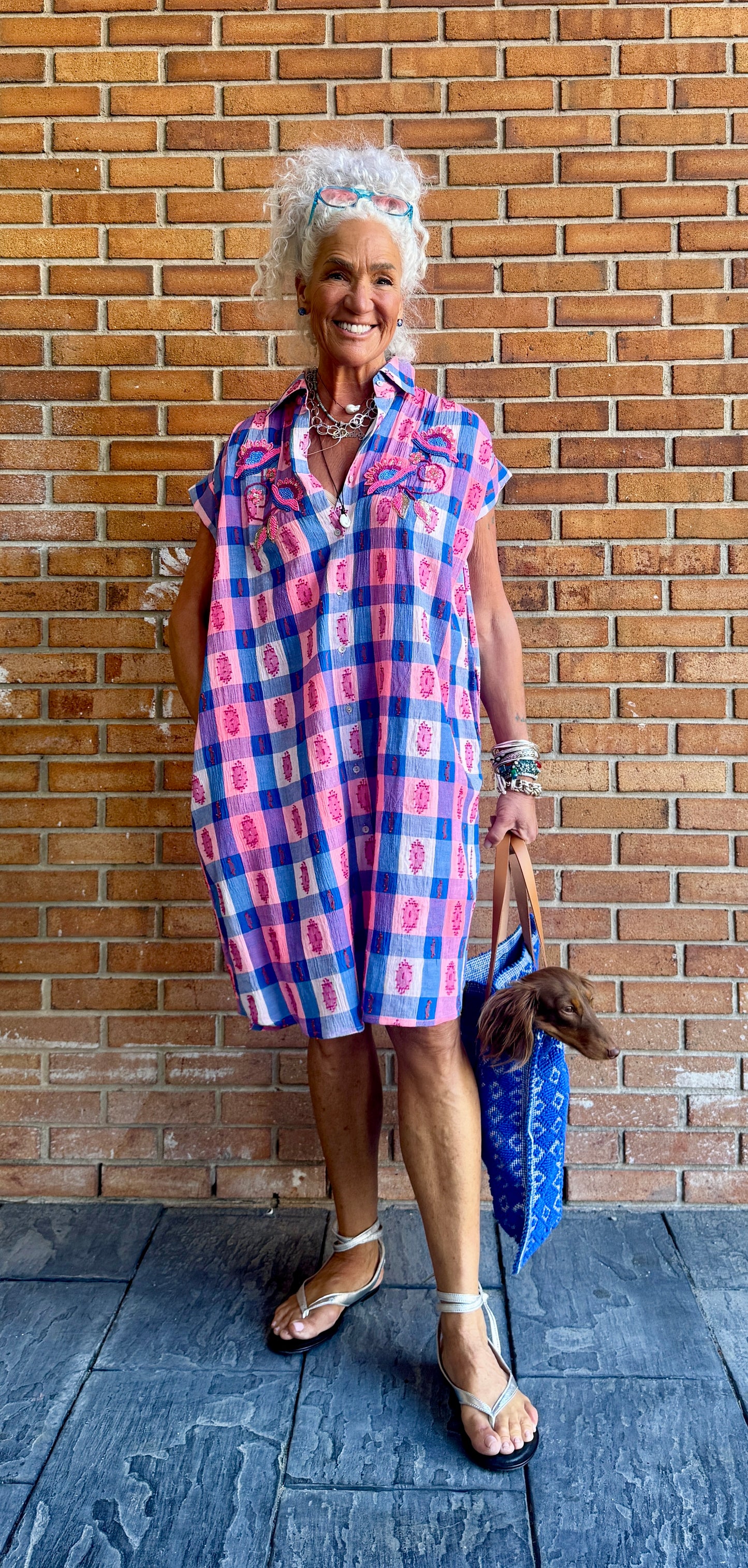 100% Cotton Gingham Beaded Shirt Dress - PINK, BLUE