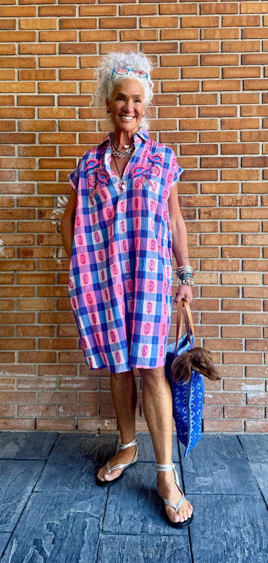 100% Cotton Gingham Beaded Shirt Dress - PINK, BLUE