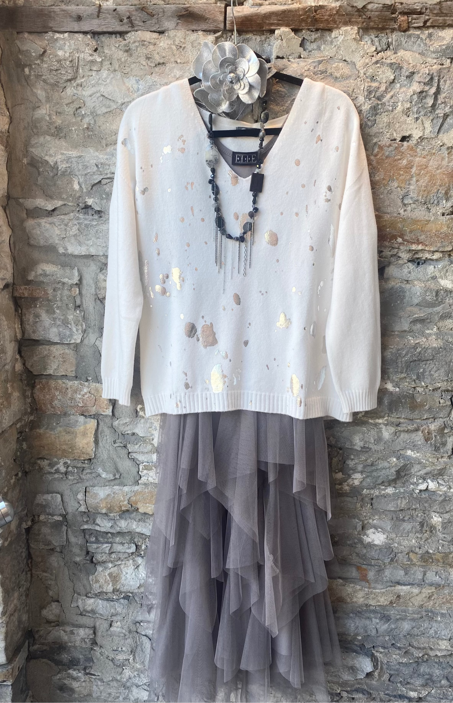 Relaxed Fit Off White Sweater with Silver Metallic Detail