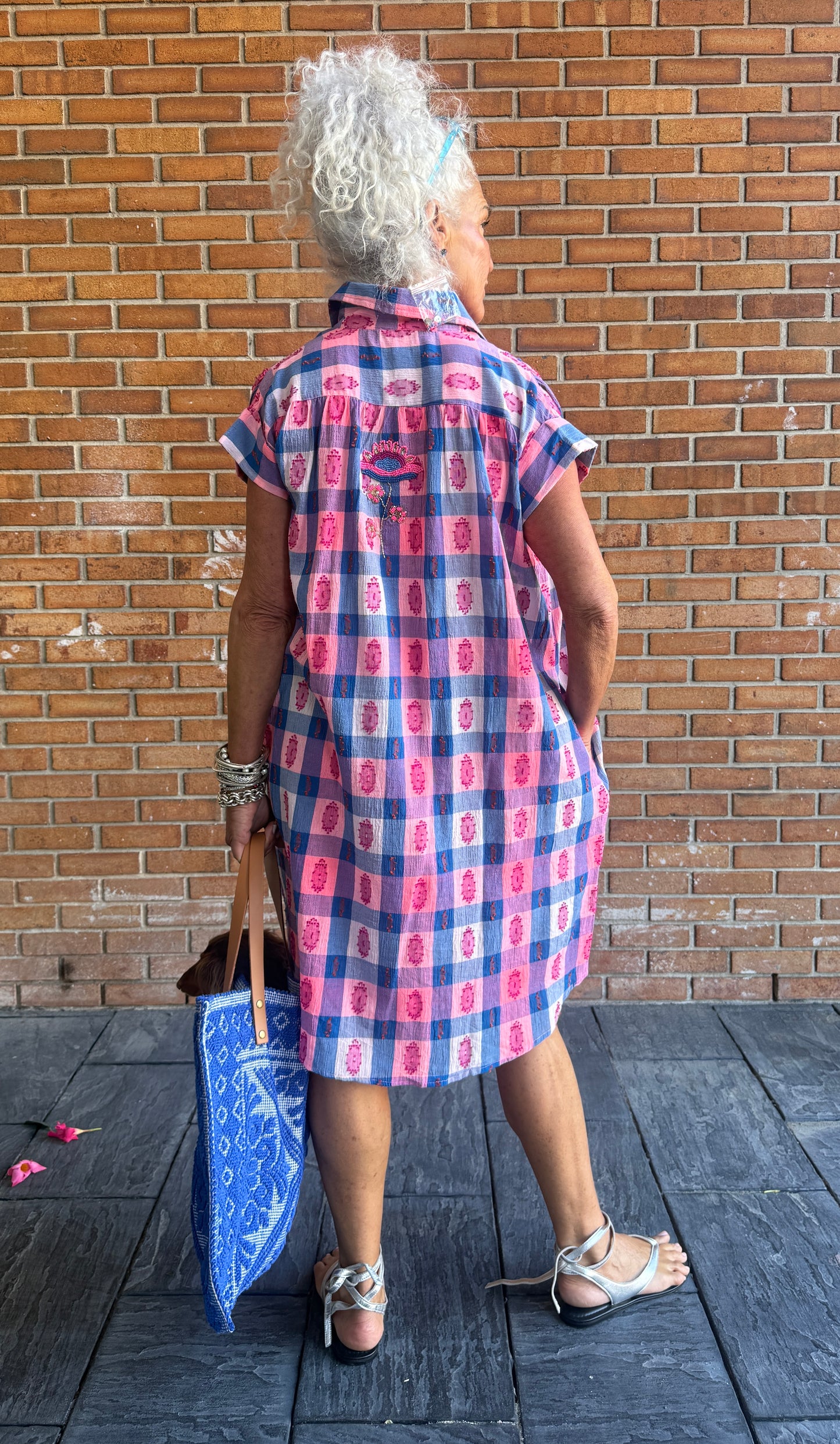 100% Cotton Gingham Beaded Shirt Dress - PINK, BLUE
