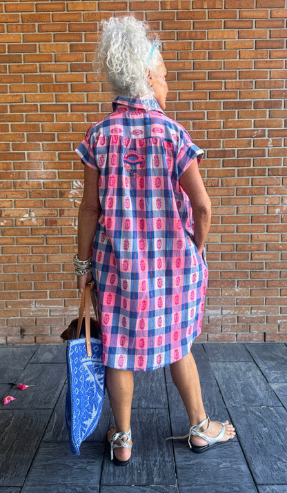 100% Cotton Gingham Beaded Shirt Dress - PINK, BLUE