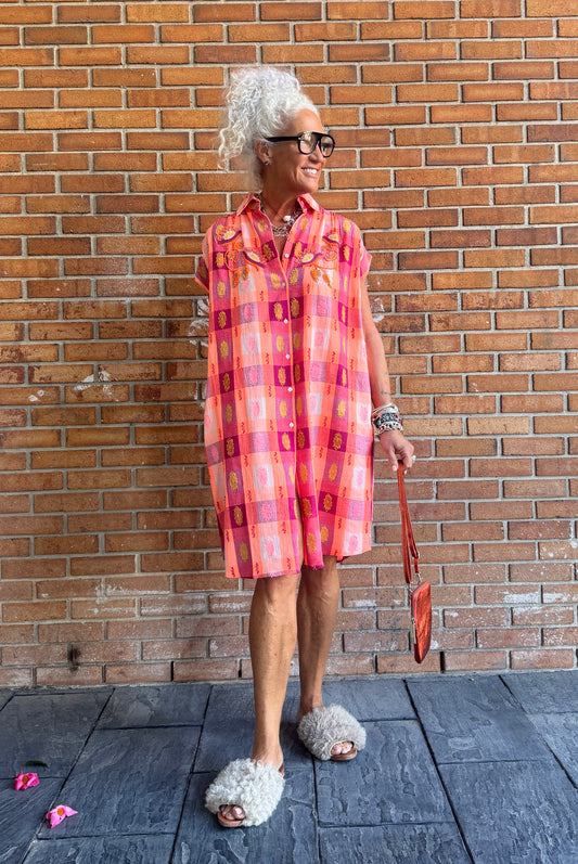 100% Cotton Gingham Beaded Shirt Dress - PINK, ORANGE