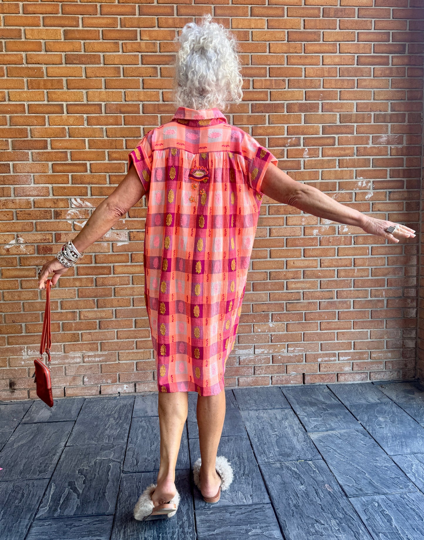 100% Cotton Gingham Beaded Shirt Dress - PINK, ORANGE