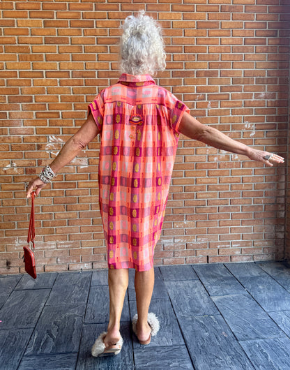 100% Cotton Gingham Beaded Shirt Dress - PINK, ORANGE