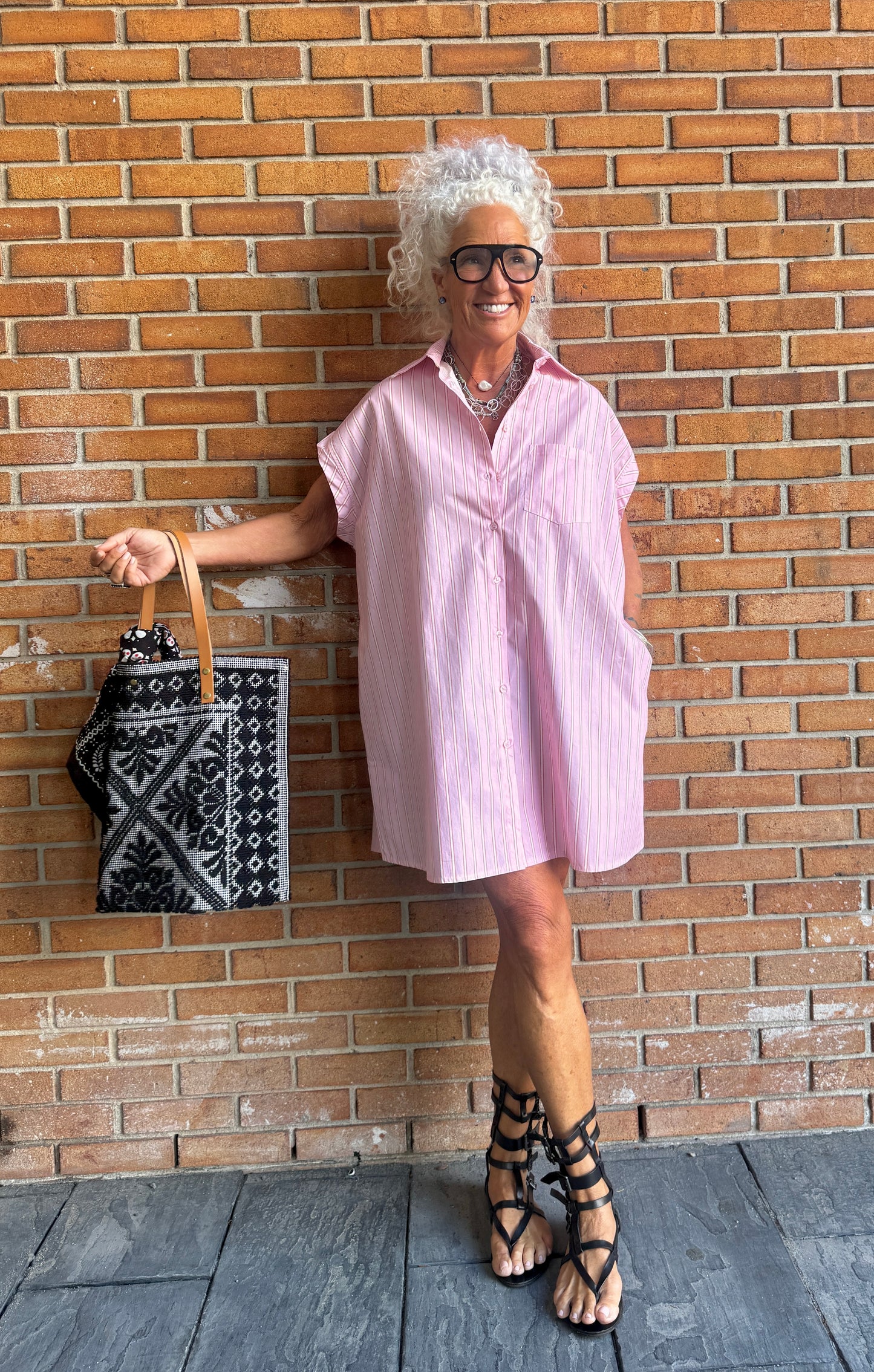 100% Cotton Oversized Striped Shirt Tunic Dress - PINK