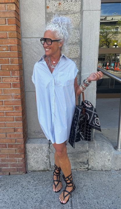 100% Cotton Oversized Striped Shirt Dress - BLUE