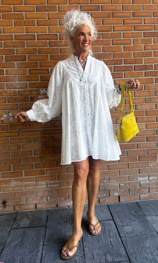 100% Cotton Embroidered Button Front Tunic Dress with Slip