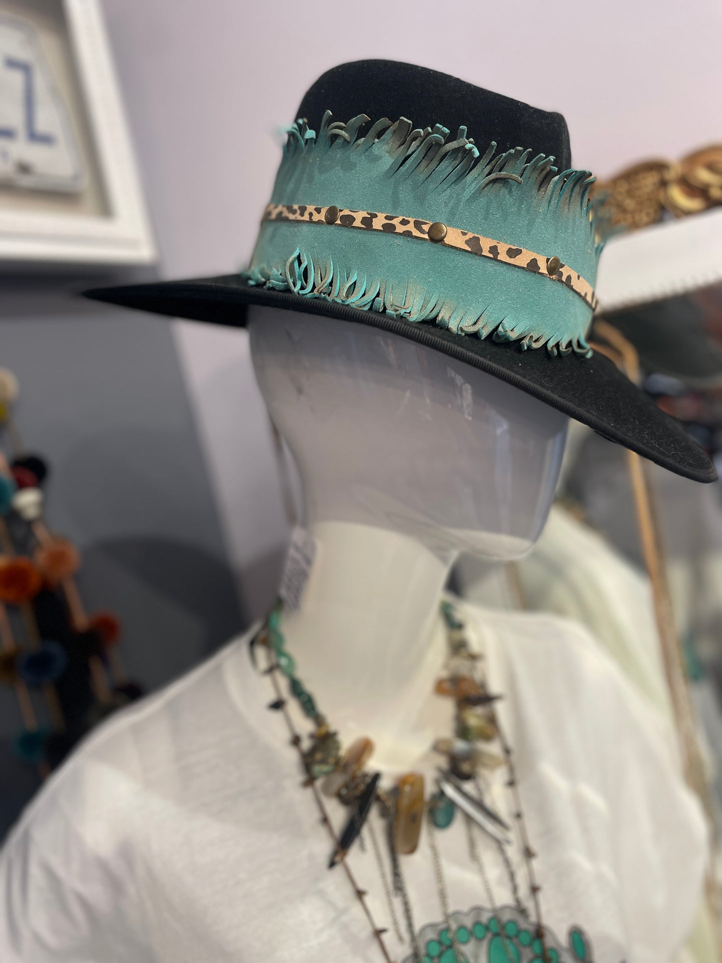 Turquoise Hand Cut Leather Feather Hat Wrap