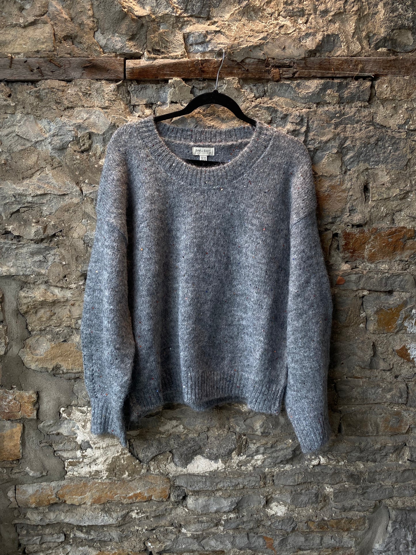 Oversized Grey Knit Sweater with Multicolour Sequins
