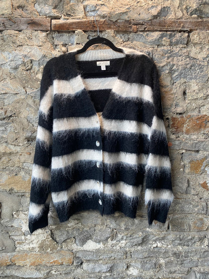 Oversized Fluffy Black and White Striped Cardigan