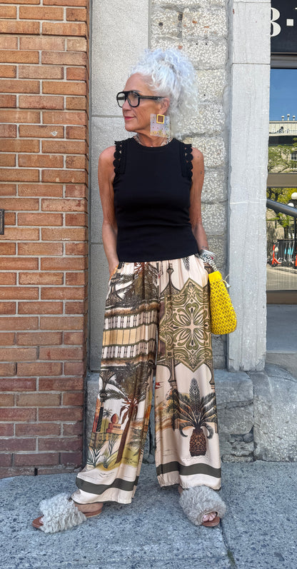 Printed Silk Pants- OLIVE