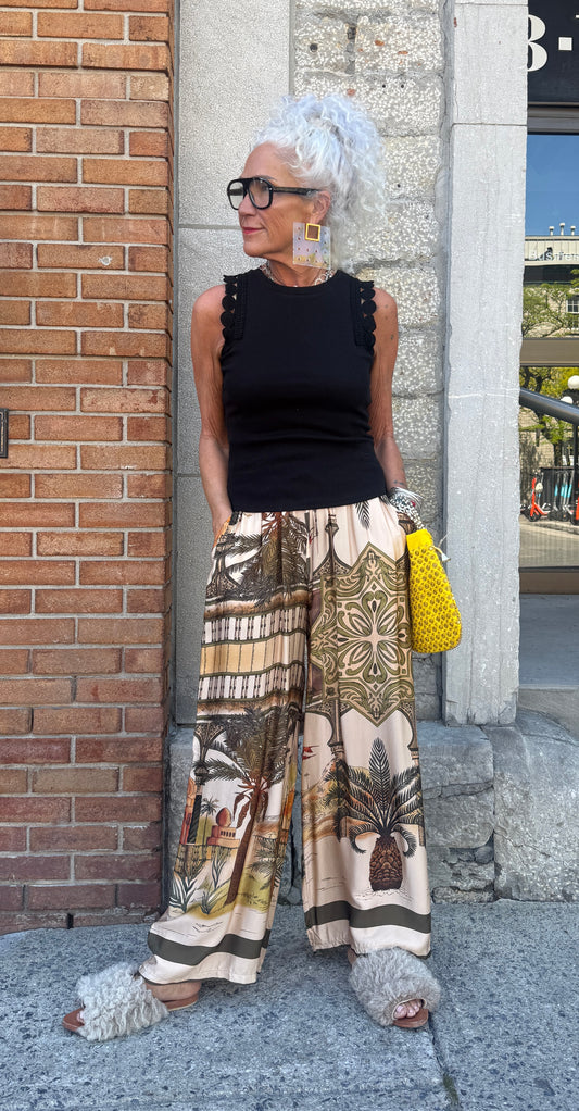 Printed Silk Pants- OLIVE