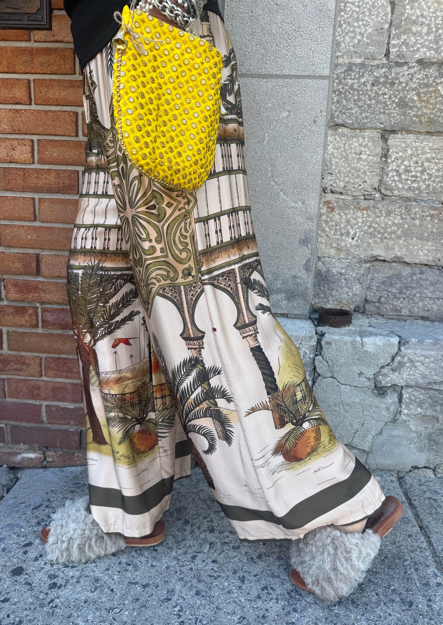 Printed Silk Pants- OLIVE
