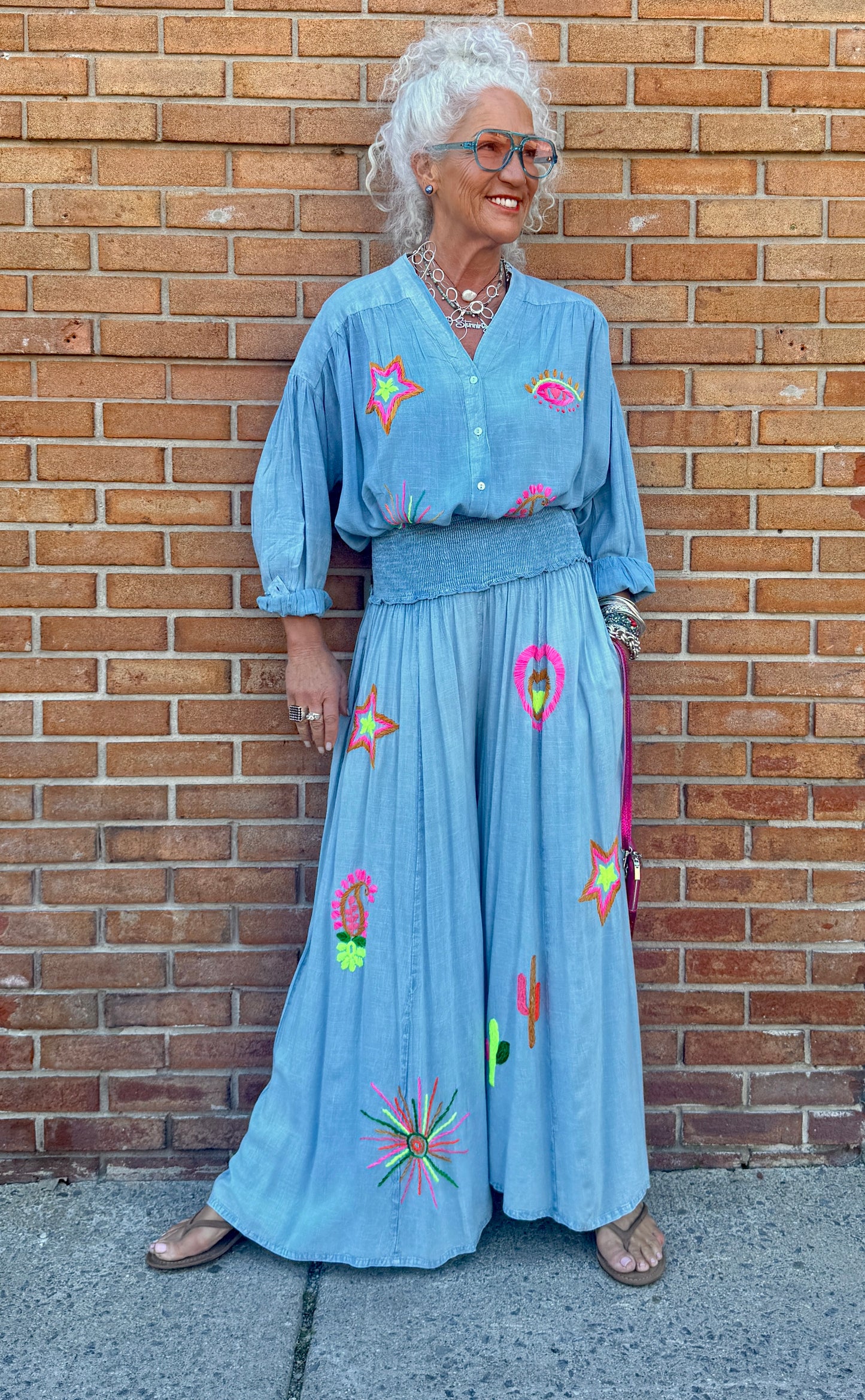 2 pc SET Boho Top with Palazzo Pant- BLUE with Multi Colour Embroidery