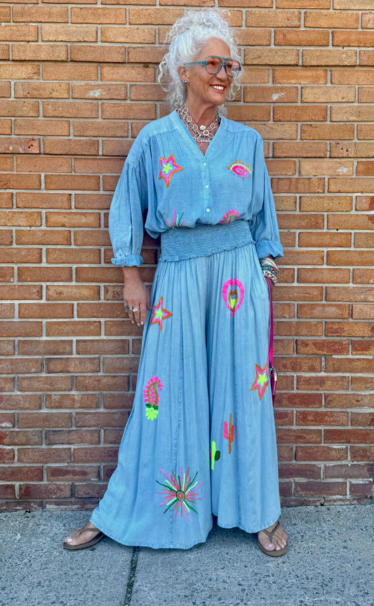 2 pc SET Boho Top with Palazzo Pant- BLUE with Multi Colour Embroidery