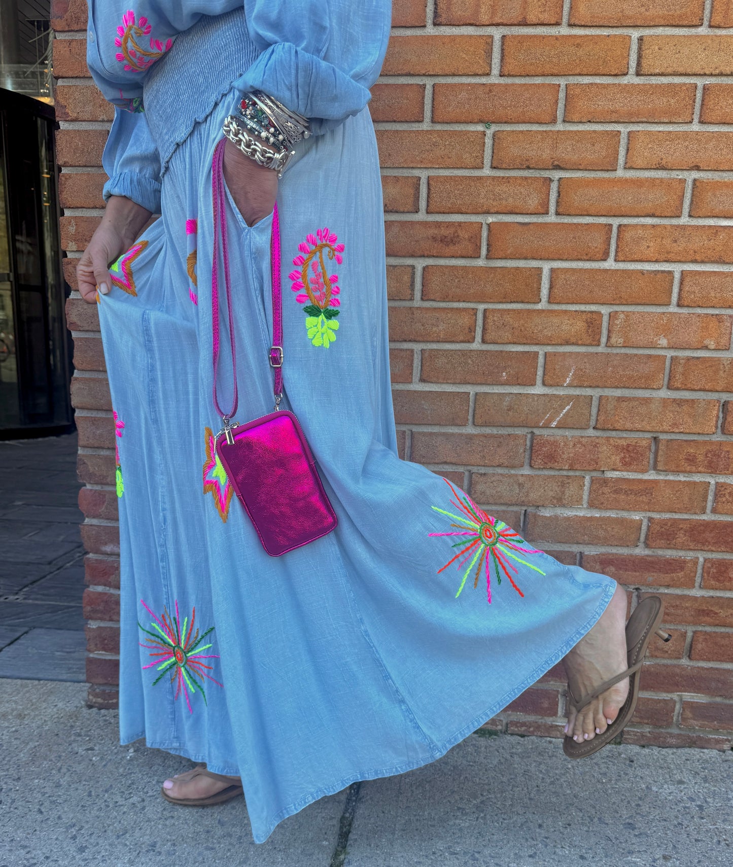 2 pc SET Boho Top with Palazzo Pant- BLUE with Multi Colour Embroidery