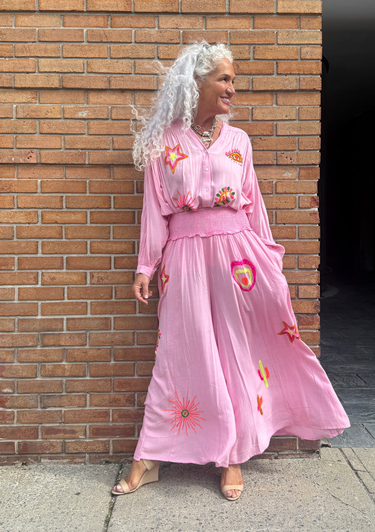 2 pc  Boho Top with Palazzo Pant-  Pink with Multi Colour Embroidery