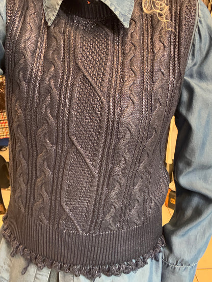 100% Cotton Navy Metallic Cable Sweater Vest