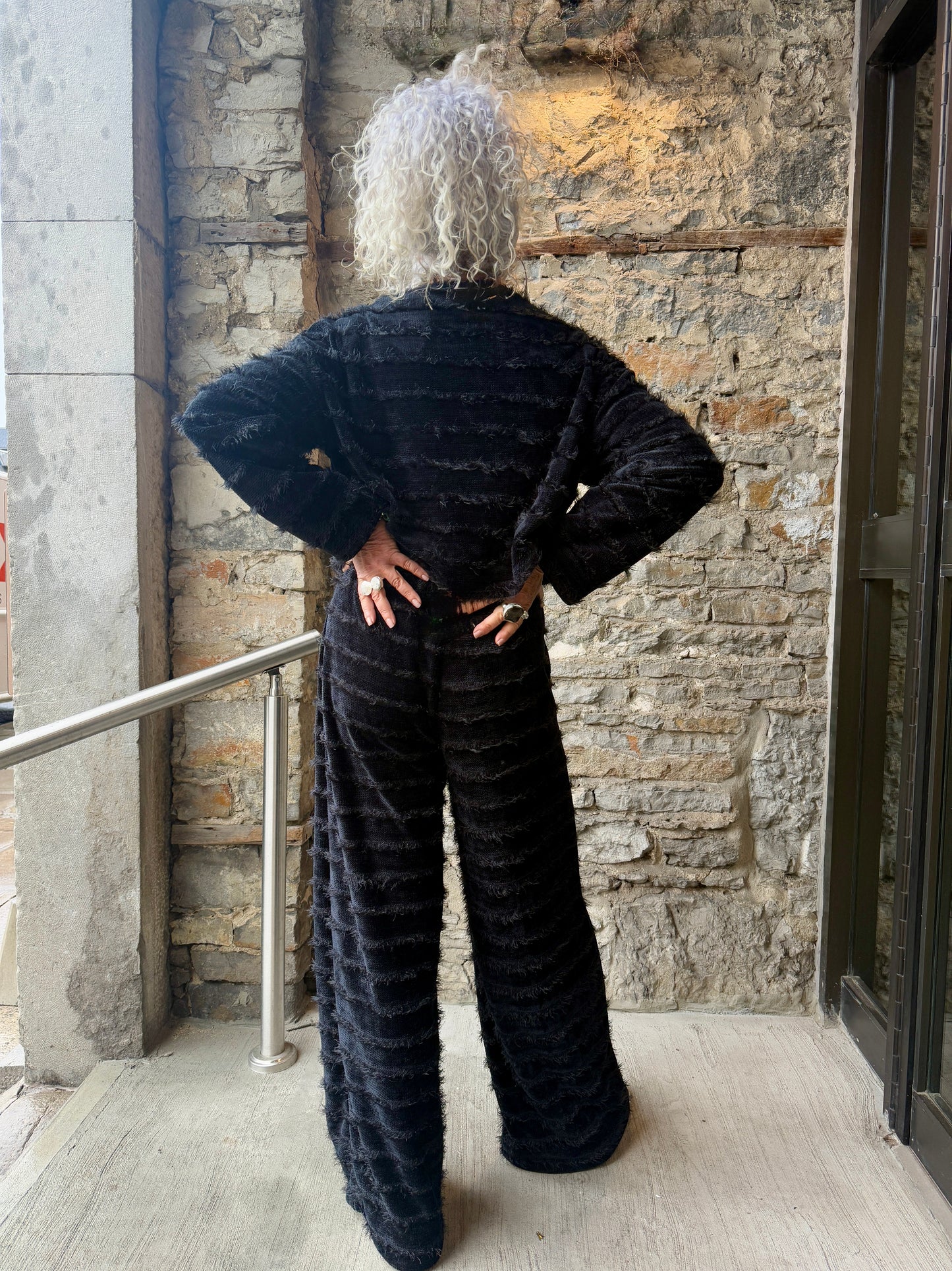 Black Textured Knit Wide Leg Pant with Pockets