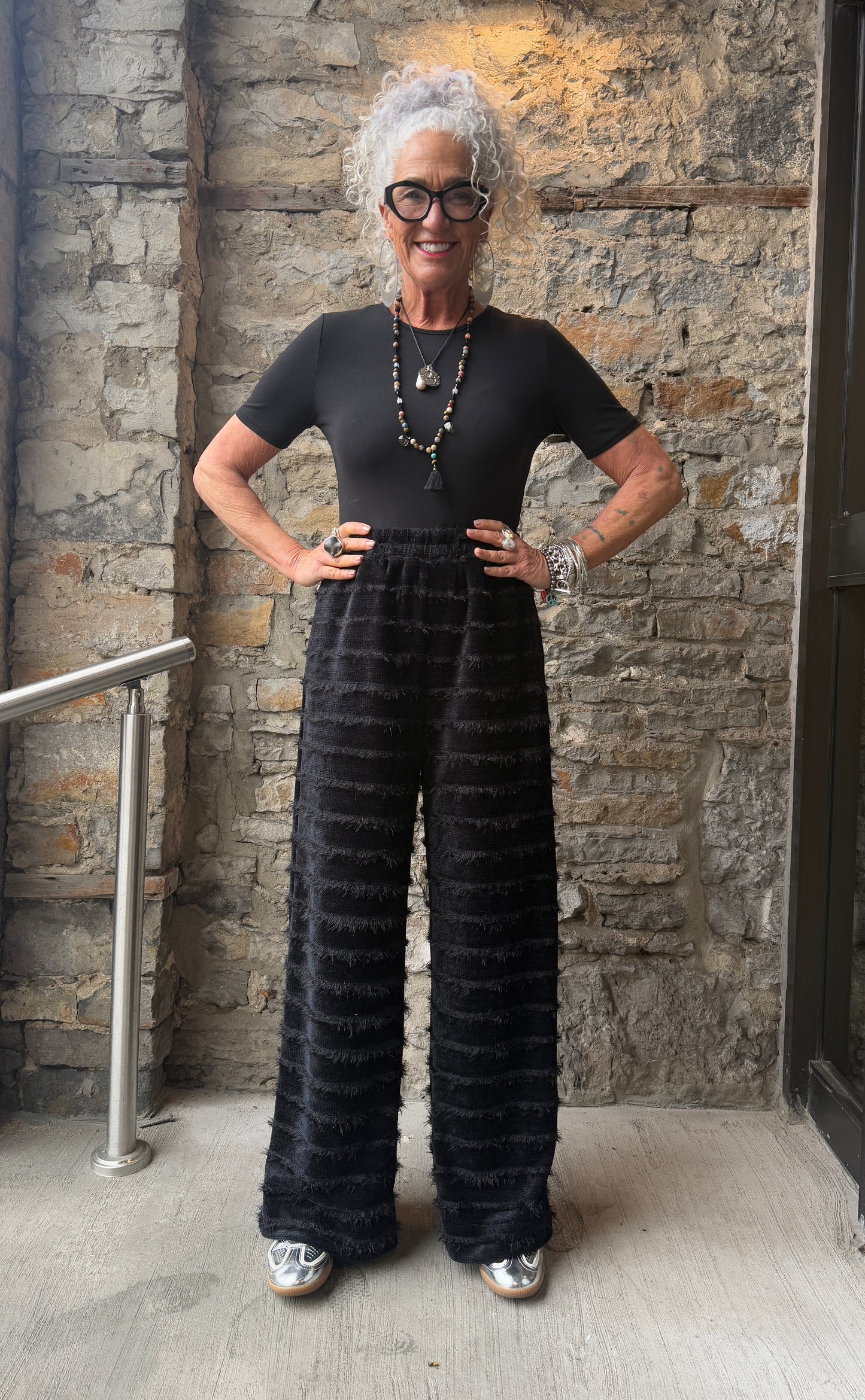 Black Textured Knit Wide Leg Pant with Pockets