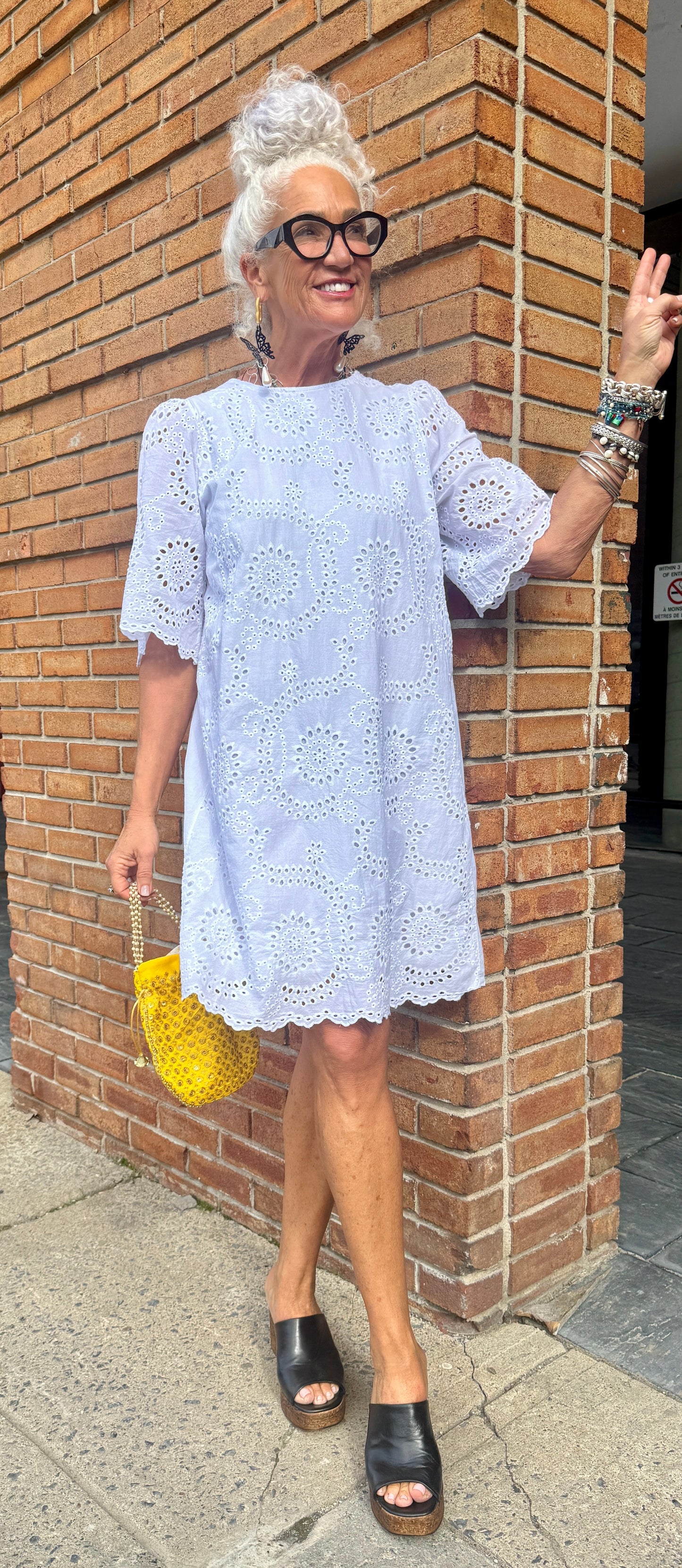 100% Cotton Eyelet Shift Dress - WHITE