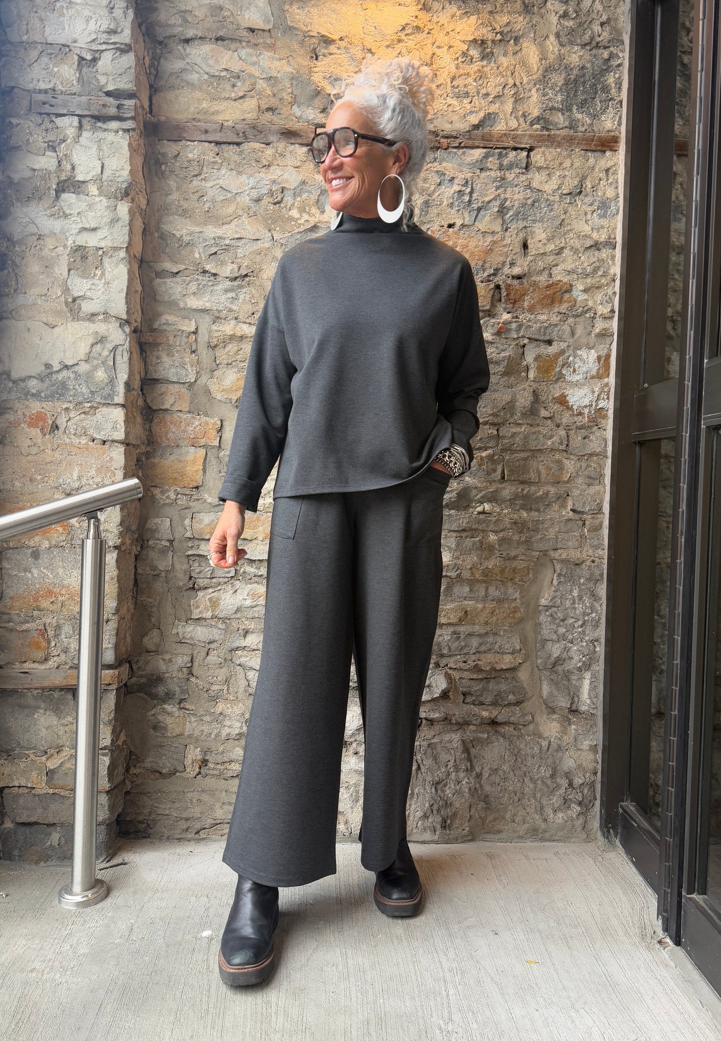 Relaxed Fit Sweatshirt with funnel neck- Heather Charcoal Grey