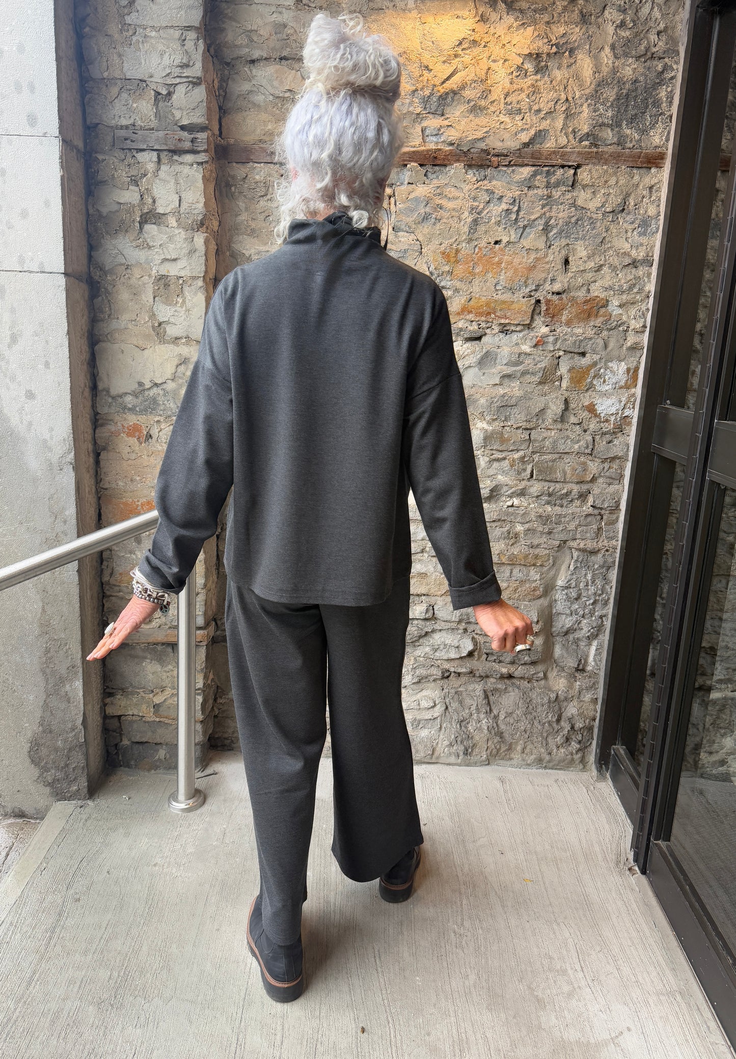 Ponte Knit wide leg cropped Pants with POCKETS - Heather Charcoal