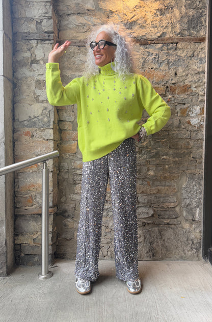 Lime Green Knit Mock Neck Sweater with Rhinestones
