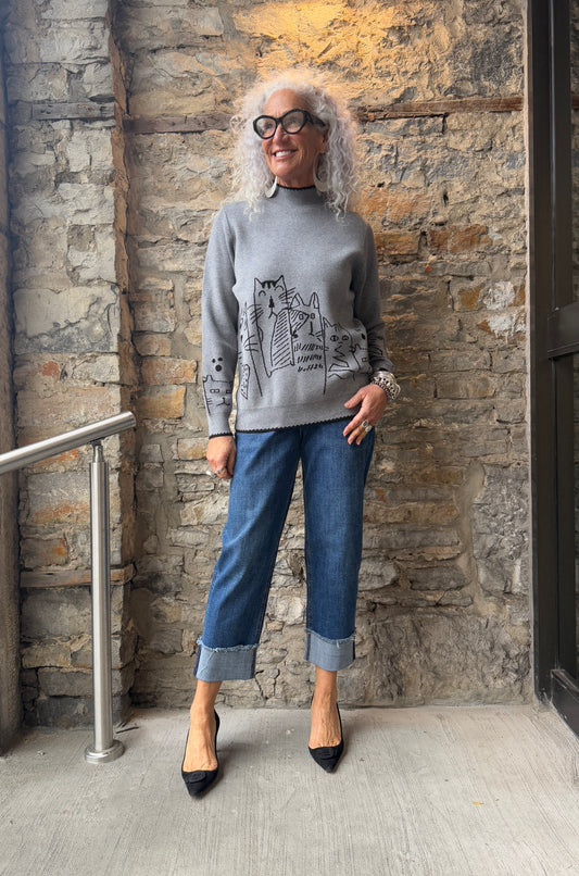 Knit Sweater with Black Trim  and Cats- Charcoal Grey