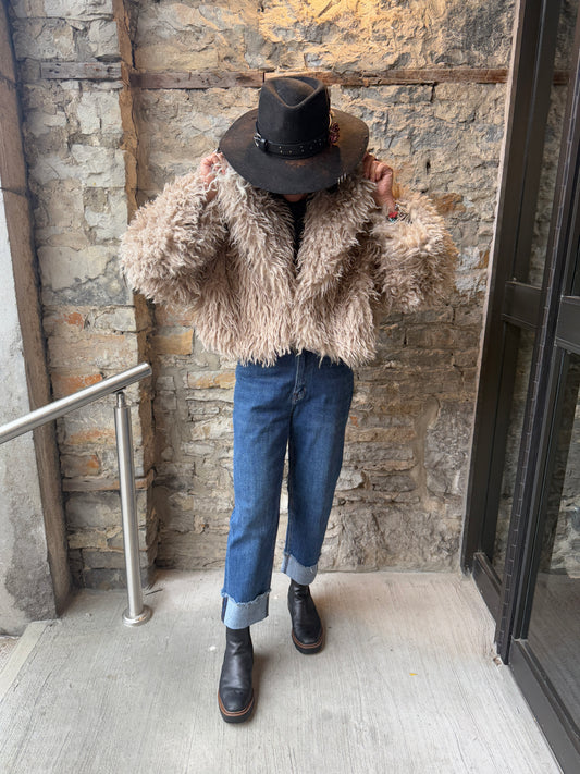 Taupe Shawl Collar Shag Waist Short Coat