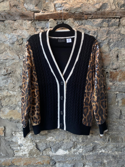 Cable Knit Cardigan with Sequin Animal Print Sleeves