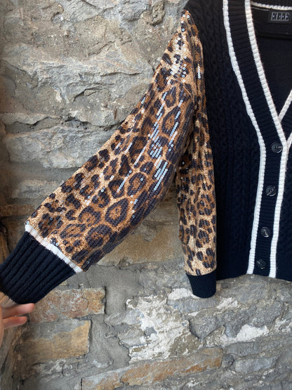 Cable Knit Cardigan with Sequin Animal Print Sleeves
