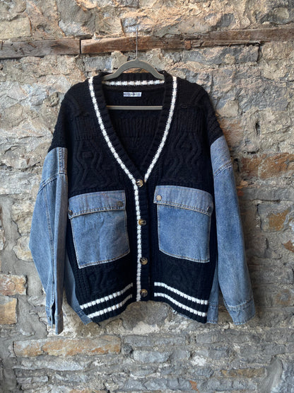 Oversized Black Cable Cardigan with Denim Sleeves