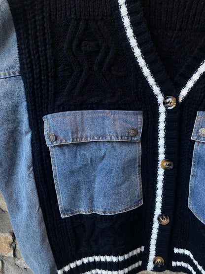 Oversized Black Cable Cardigan with Denim Sleeves