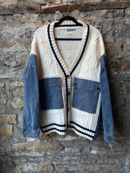 Oversized Ivory Cable Cardigan with Denim Sleeves
